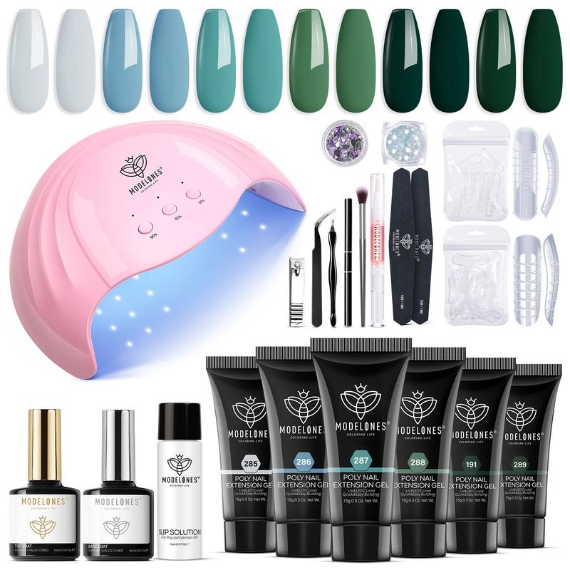 Modelones 22Pcs Poly Nail Extension Gel Kit, mother's day gifts 6 Colors with 48W Nail Lamp Slip Solution Rhinestone Glitter All-in-one kits French Nail Art Design Beginner Kit birthday Gift 2024 home DIY gel-x Nail Care Cutics Manicure