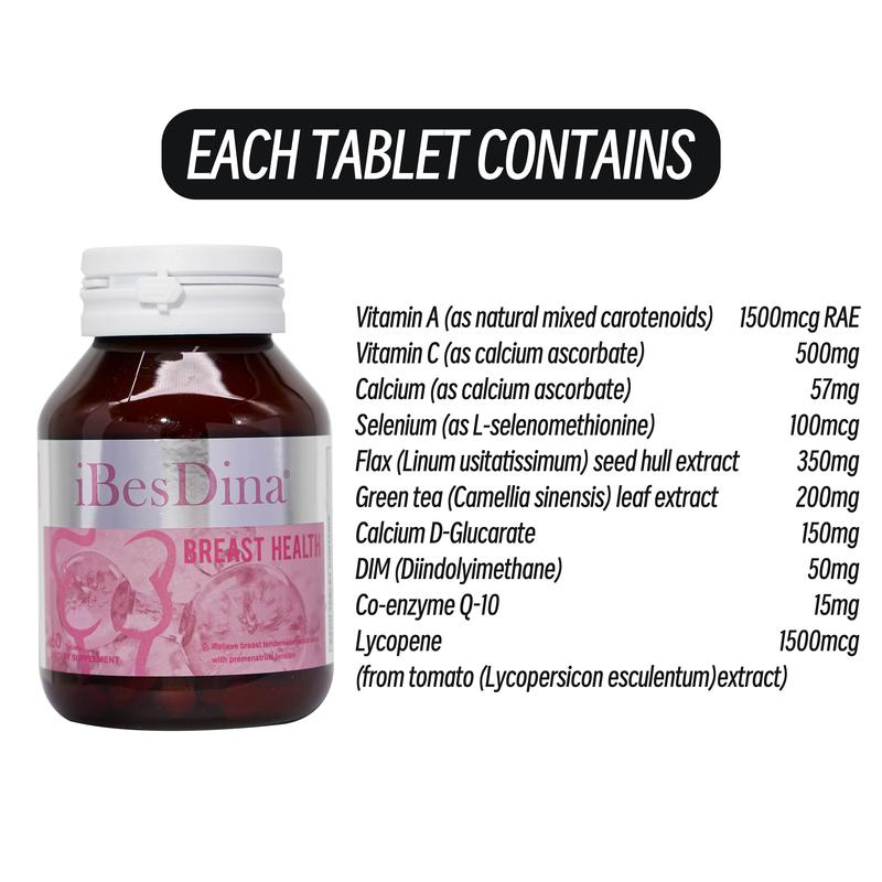 Ibesdina Breast Health Tablets -Contains multiple ingredients such as vitamins,lycopene, camellia sinensis .etc.Supports female hormonal balance and breast health. 60 Tablets.