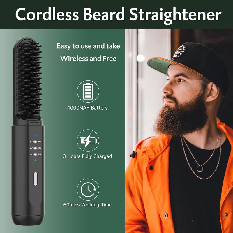 Beard Straightener for Men, REHOYO Portable Cordless Hair Straightener, Anti-Scald Heated Beard Brush, Electric Hot Comb 3 Temp Settings, Ionic Mini Straightener for Home Travel, Father's Day Gifts for Men Him ideal winter usb rechargeable portable hair