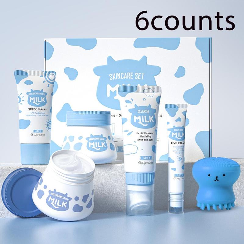 Milk Skincare Set, 6 Counts set Moisturizing Facial Cleanser & Eye Cream & Sun Cream & Face Cream & Octopus Facial Cleaning Brush & Storage Box