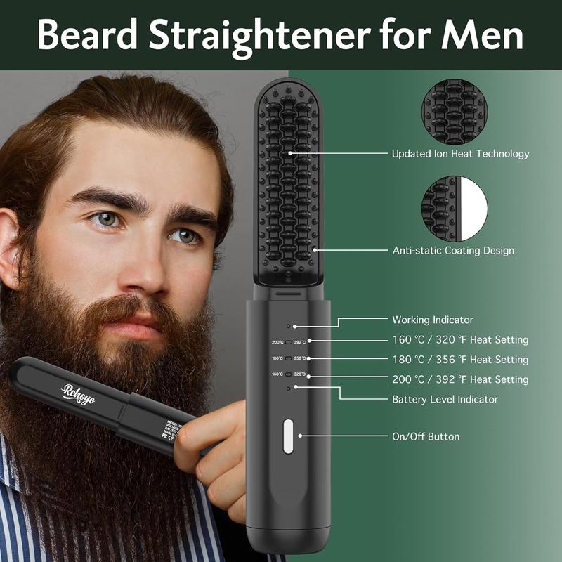 Beard Straightener for Men, REHOYO Portable Cordless Hair Straightener, Anti-Scald Heated Beard Brush, Electric Hot Comb 3 Temp Settings, Ionic Mini Straightener for Home Travel, Father's Day Gifts for Men Him ideal winter usb rechargeable portable hair