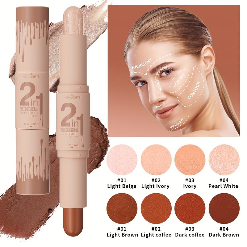 2pcs Contour Stick, 2Pcs Dual-Ended Highlighter Makeup Pen & Contouring Stick For Face Shaping, Long Lasting Waterproof Cream Bronzer & Highlight Sticks Make Up Kit For All Skin Tones