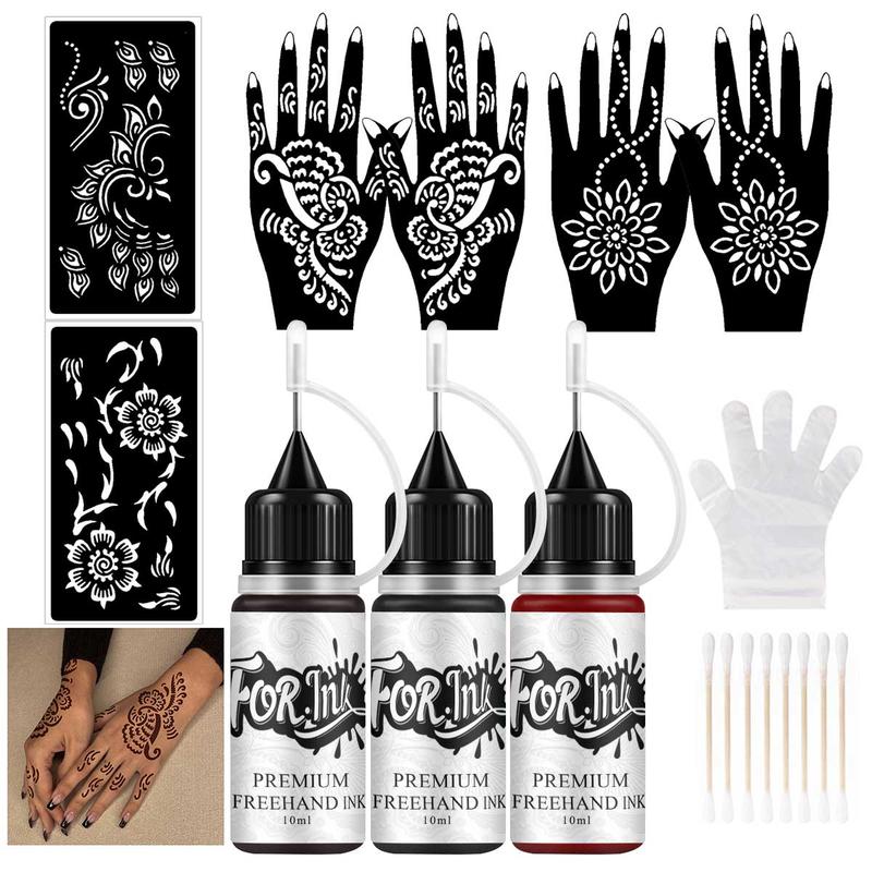 Temporary Tattoo Ink & Stencil Kit, 3 Bottles Ink & 6 Sheets Stencils for Hand & Tool Accessories, DIY Temporary Tattoo Kit, Cosmetic Makeup Products, Body Care Products Set, Body Color Makeup Set