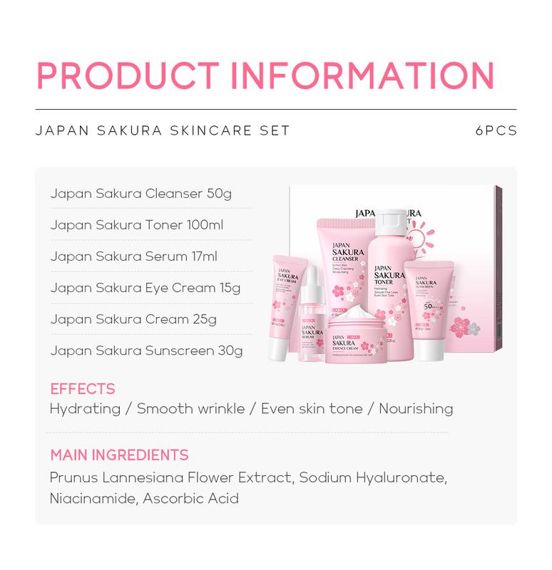 Skin Care Set JAPAN SAKURA Women Beauty Gift Sets Skin Care Kit with Cleanser, Toner, Lotion, Serum, Eye Cream, Face Cream Travel Kit for Women Teen Girls Mom Daughter TSA-friendly Sizes 6pcs