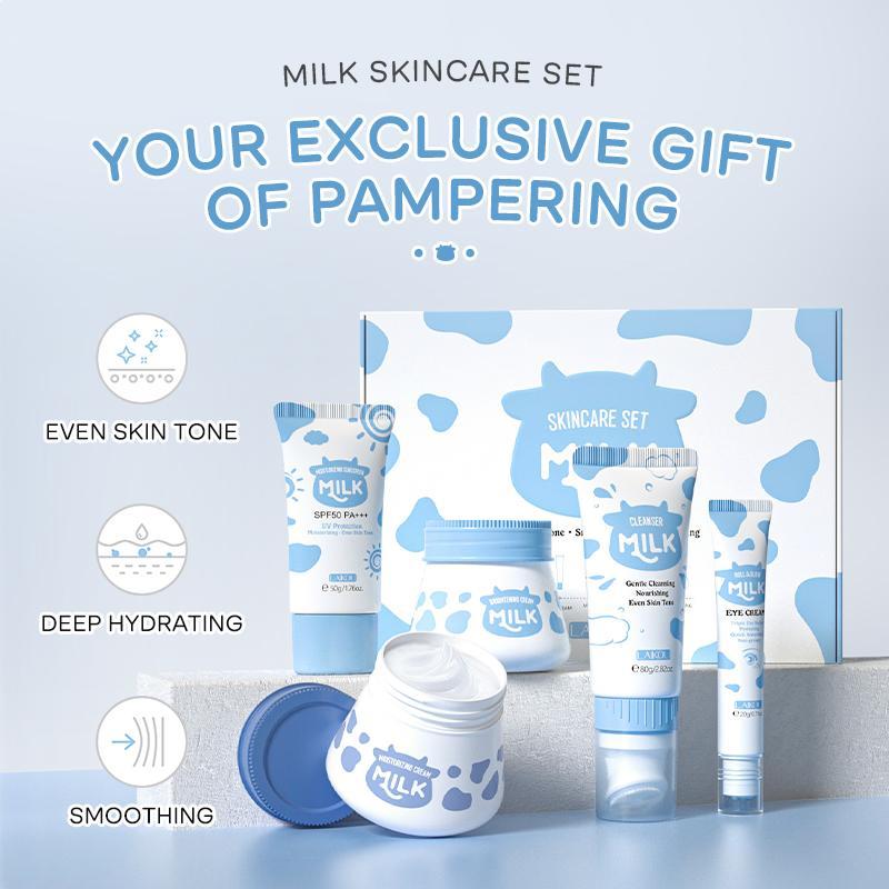 Milk Skincare Set, 6 Counts set Moisturizing Facial Cleanser & Eye Cream & Sun Cream & Face Cream & Octopus Facial Cleaning Brush & Storage Box