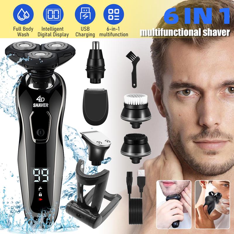 Mens Electric Razor for Men Electric Shavers, 6 in 1 Electric LCD Rotary Shaver Cordless, 4D Shaver for Mens Rechargeable Razors for Shaving Electric Cordless Men's Electric Shaver Waterproof Wet Dry