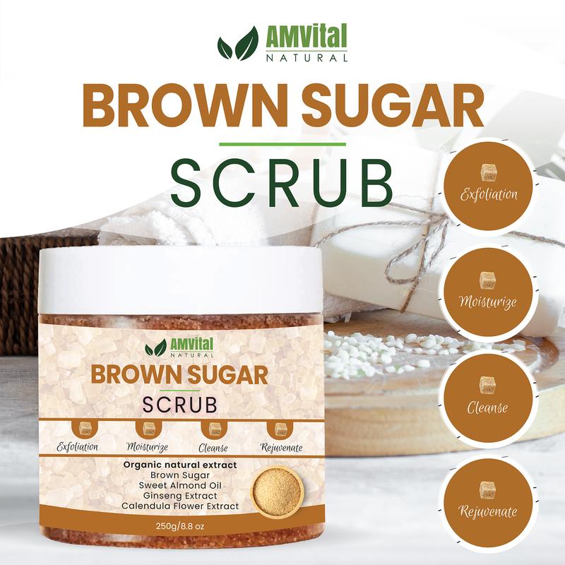 AMVital Brown Sugar Body Scrub: Moisturizes, and exfoliates. Deep-cleansing and hydrating for body, face, hands, and feet. Sugar Glow Body Care Gentle