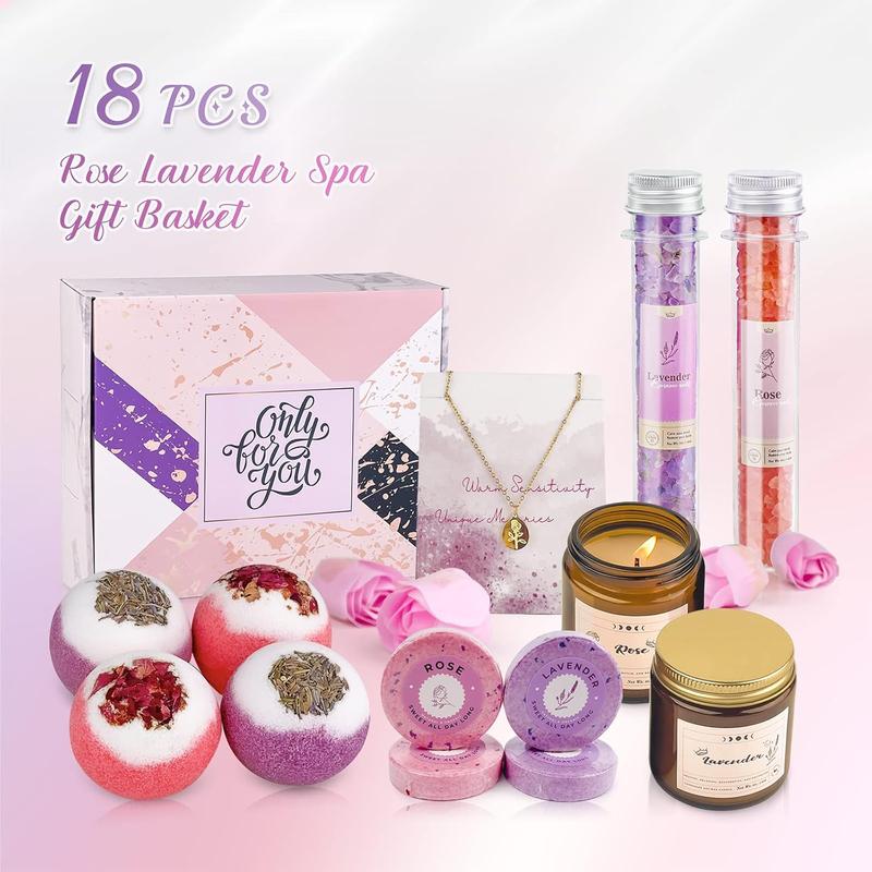 Women Spa Gift Basket, 18PCS Birthday Gift for Women from Daughter, Son, Husband, Bath Body Spa Gift for Mother, Friends, Female, Sisters, Rose Lavender Spa Set for Women Who Have Everything