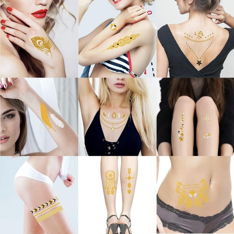 8 Sheets  Golden Tattoo Stickers,Mixed Pattern Temporary Tattoo Sticker for Women & Girls - Waterproof Creative Pattern