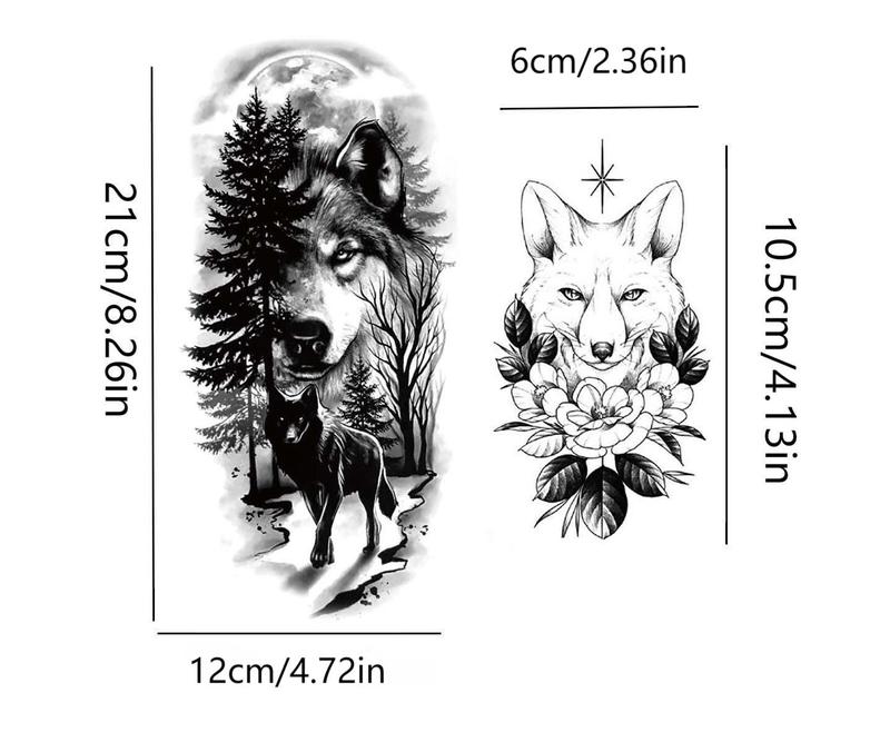 36 Large Black Temporary Tattoo Stickers, Forearm Design, Including Tribal Wolf, Tiger, Lion, Skull, Halloween Temporary Fake Tattoo Stickers, 12 Fake Tattoo Big Stickers for Arms, Chest and Shoulders for Men or Women, 24 Tiny Black Tattoo Stickers