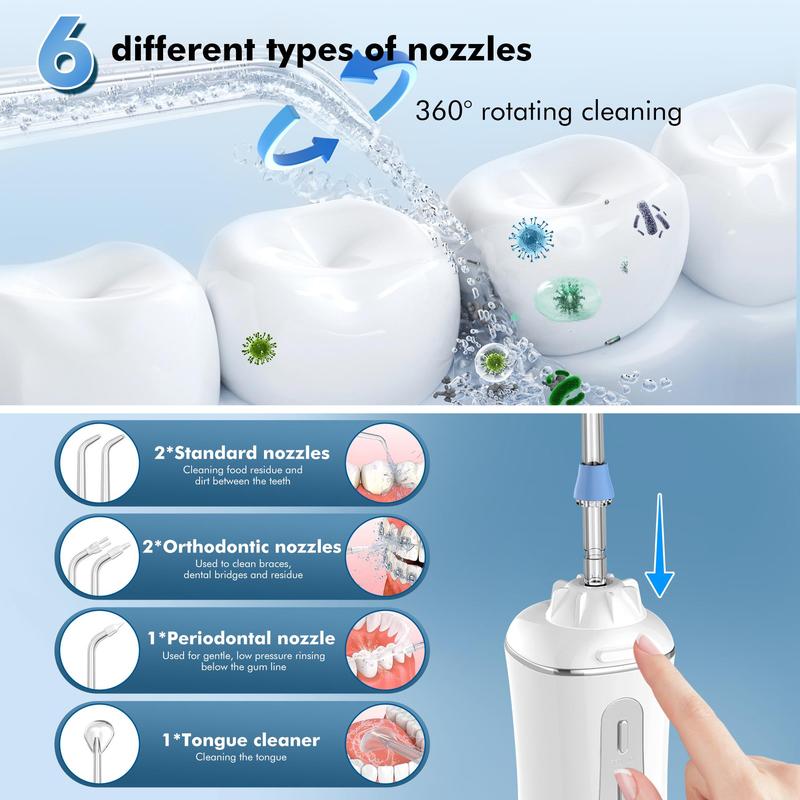 Angevol Powerful Water Flosser. Portable OralIrrigator.6 Nozzles.350m. lPX7 Waterproof.Household. Cleaning. Cordless