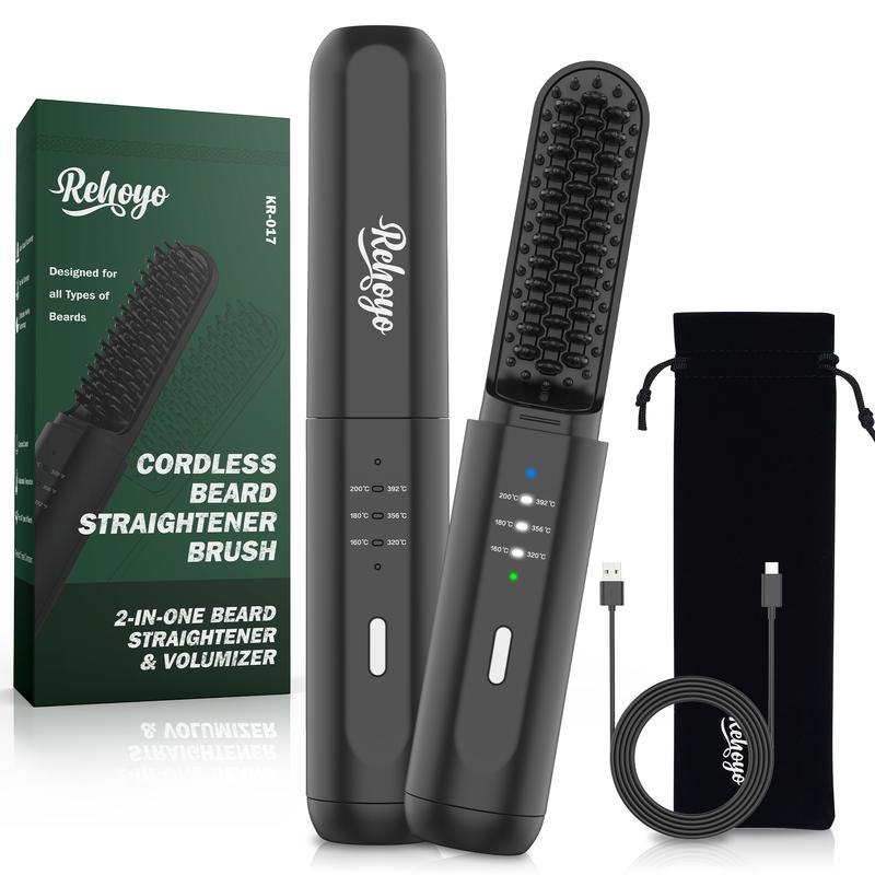 Beard Straightener for Men, REHOYO Portable Cordless Hair Straightener, Anti-Scald Heated Beard Brush, Electric Hot Comb 3 Temp Settings, Ionic Mini Straightener for Home Travel, Father's Day Gifts for Men Him ideal winter usb rechargeable portable hair