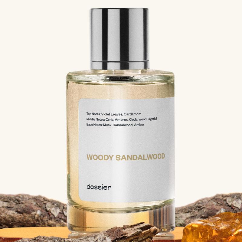 Woody Sandalwood, Dossier, Unisex Perfume, 50ml-100ml-150ml, Eau de Parfum, Violet Leaves, Cardamom, Orris, Ambrox, Cedarwood, Cypriol, Musk, Sandalwood, Amber