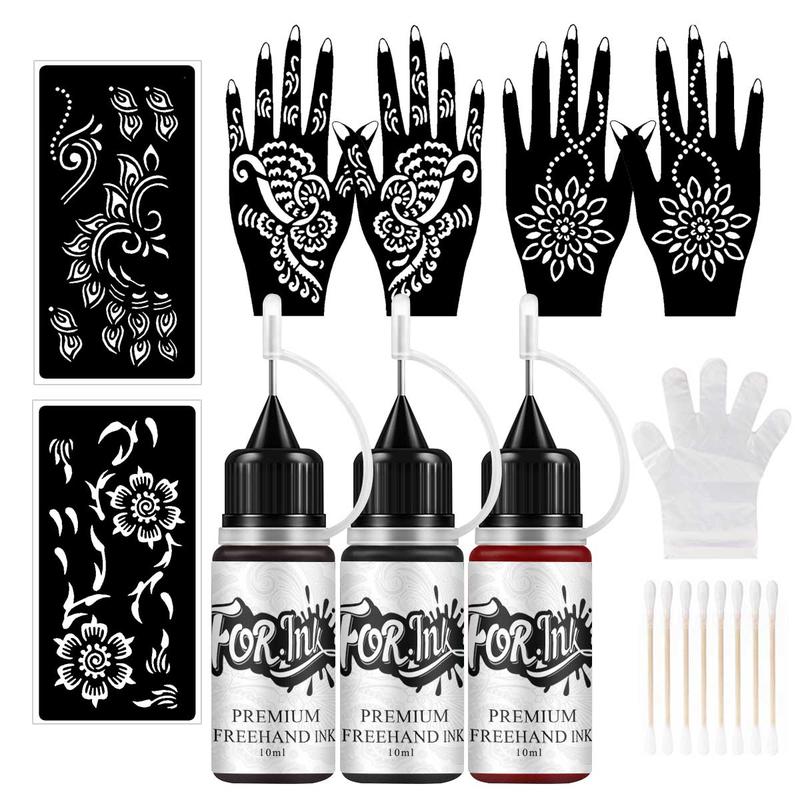 Temporary Tattoo Ink & Stencil Kit, 3 Bottles Ink & 6 Sheets Stencils for Hand & Tool Accessories, DIY Temporary Tattoo Kit, Cosmetic Makeup Products, Body Care Products Set, Body Color Makeup Set