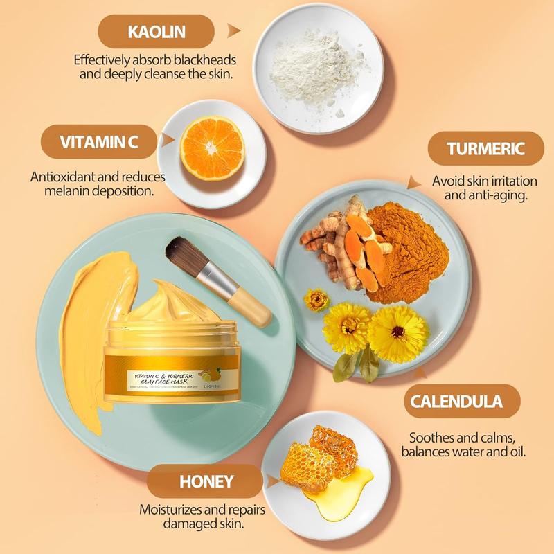 Turmeric Vitamin C Clay Mask Deep Cleansing Face Mask Skin Care Improve Blackheads Acne Dark Spots and Even out skin tone Facial Mask Control Oil and Refining Pores Aloe Aloe Vera Calendula Daily Calendula Daily Gentle Mild Organic Plant Radiant Restore