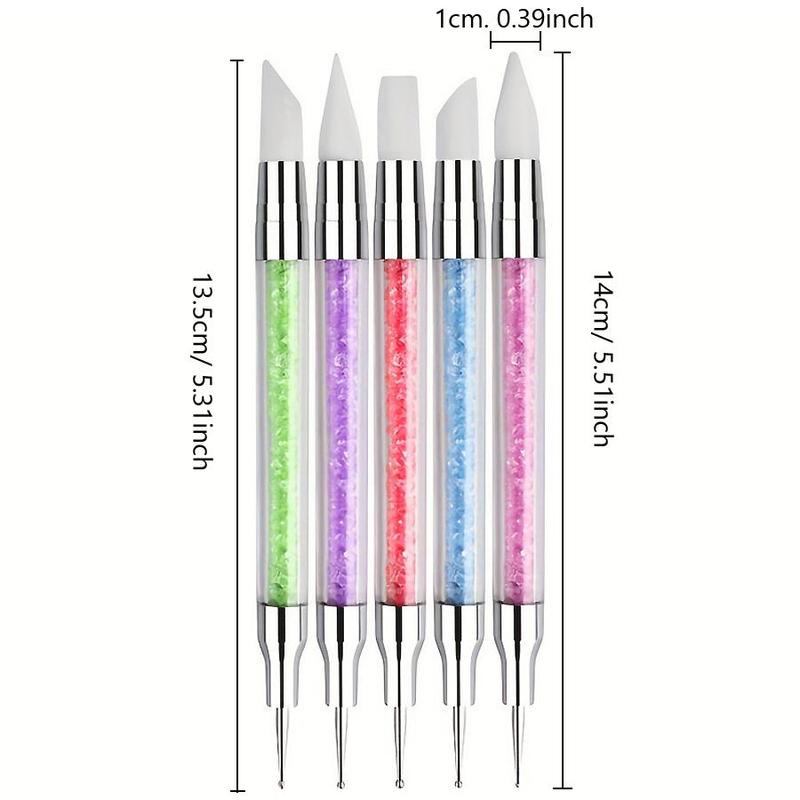 2 In 1 Nail Art Silicone Rhinestone Picking Dotting Pens, 5 Counts Acrylic Carving Emboss Building Brush Tools, Manicure & Pedicure Tools