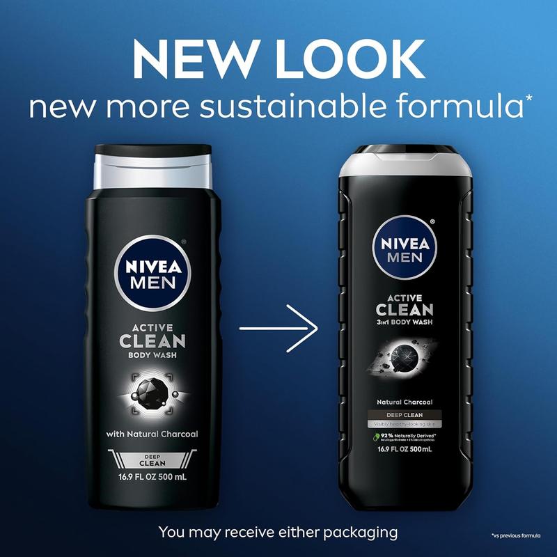 Nivea Men DEEP Active Clean Charcoal Body Wash, Exfoliating Body Wash for Men with Natural Charcoal, 3 Pack of 16.9 Fl Oz Bottles, Holiday Gifts for Men