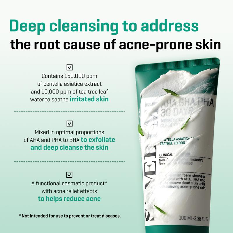 [SOME BY MI] AHA BHA PHA 30 Days Miracle Acne Clear Foam - 3.38Oz, 100ml - Made from Tea Tree Leaf for Acne Prone Skin - Daily Acne Face Wash for Removing Sebum and Dead Cells - Korean Skin Care