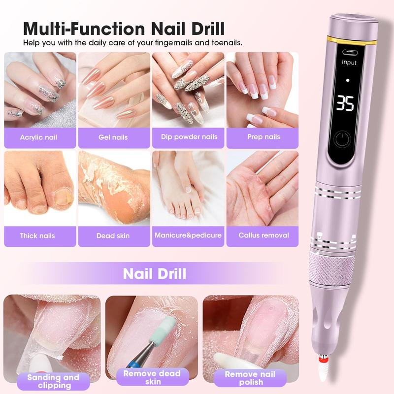 Rechargeable Electric Nail Drill, 1 Box Professional Nail Drill & Accessories, Wireless Nail File Drill, Electric Nail File for Acrylic Gel Nails