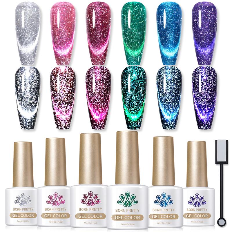 BORN PRETTY Reflective Cat Eye Gel Nail Polish Set With Magnetic Stick 6pcs Blue Cat Magnetic Gel Nail Art Reflective Gel Polish Need UV Lamp DIY At Home Salon Style Nail Care