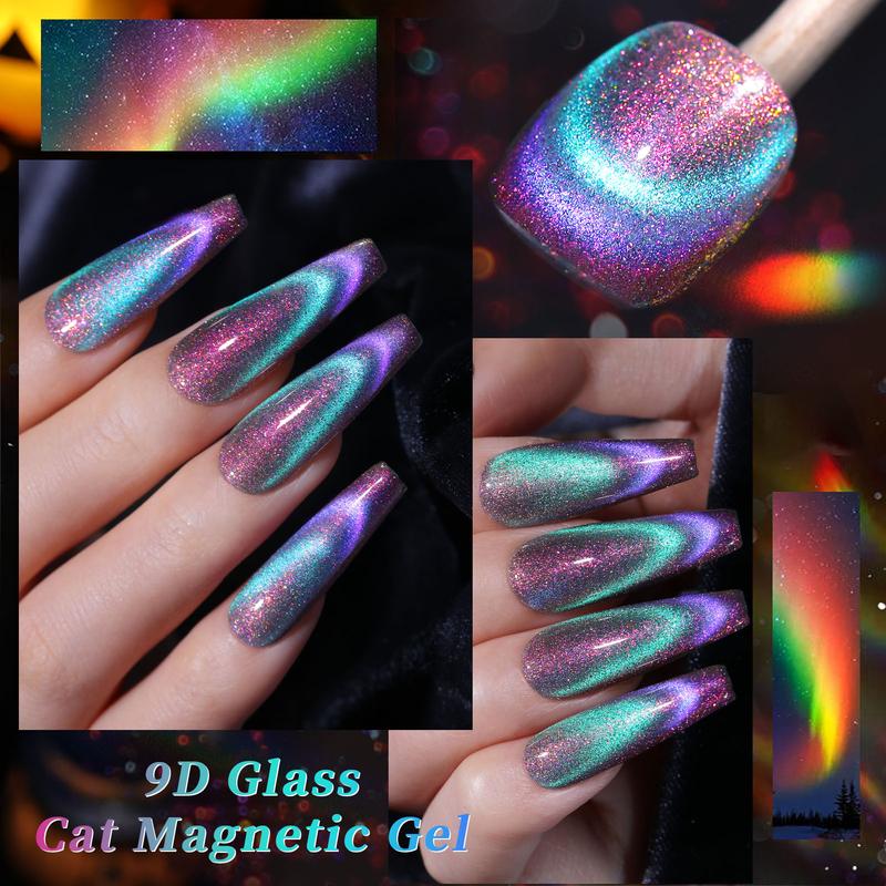 BORN PRETTY Reflective Glass Cat Magnetic Gel Nail Polish Set 6 Colors 7ml With Magnetic Stick Cat Eye Gel Polish Need UV light French Nail Art Salon Style DIY At Home Nail Care