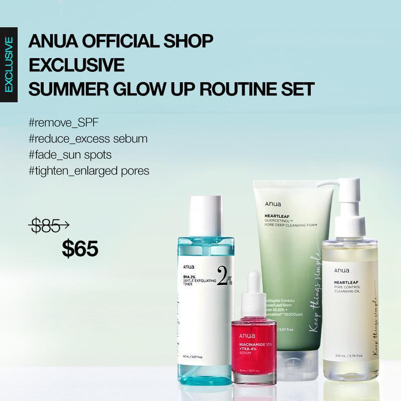 Anua SUMMER GLOW UP ROUTINE SET Cleanser Cleansing Foam Serum Skincare Clear Daily Deep Cleansing Exfoliate Discoloration Exfoliant Gentle Heartleaf Pore Moisturizer Niacinamide Hyaluronic Hydrate