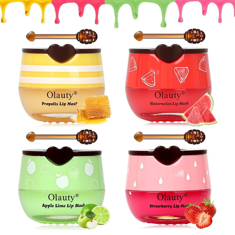 4 Pcs Bee Lip Balm Honey Pot,StrawberryWatermelonHoneyApple Lime Lip Mask Overnight Hydrating Prevention Dry Cracked Lip Scrubs Exfoliator Lip Care, Lip Sleeping Mask Reduces Lip Lines