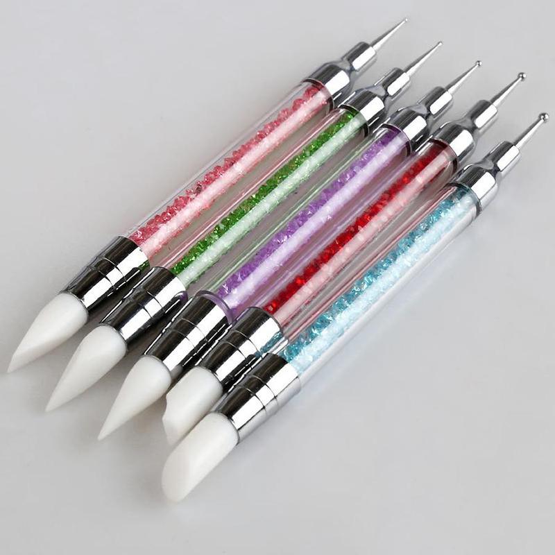 2 In 1 Nail Art Silicone Rhinestone Picking Dotting Pens, 5 Counts Acrylic Carving Emboss Building Brush Tools, Manicure & Pedicure Tools