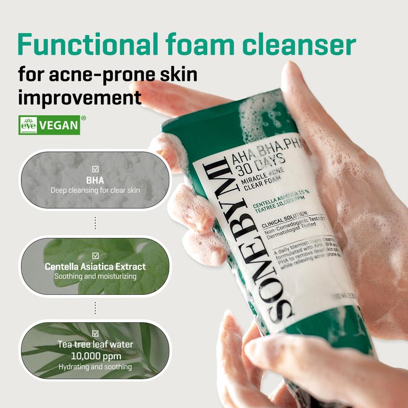 [SOME BY MI] AHA BHA PHA 30 Days Miracle Acne Clear Foam - 3.38Oz, 100ml - Made from Tea Tree Leaf for Acne Prone Skin - Daily Acne Face Wash for Removing Sebum and Dead Cells - Korean Skin Care