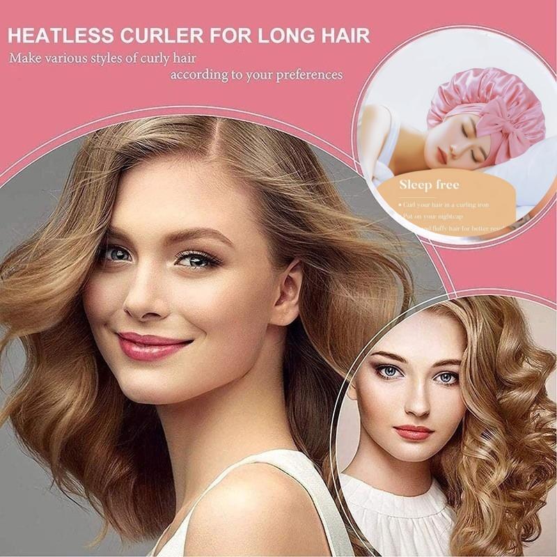 Heatless Hair Curler With Silk Bonnet Sleeping Cap Set, Overnight Curl Kit To Sleep In,  Heatless Curls Headband No Heat Curls Rod and Satin Night Sleep Hair Cap Styling Tools For Women Curly