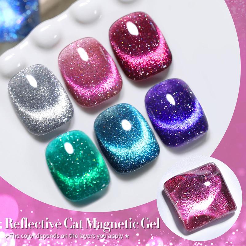 BORN PRETTY Reflective Cat Eye Gel Nail Polish Set With Magnetic Stick 6pcs Blue Cat Magnetic Gel Nail Art Reflective Gel Polish Need UV Lamp DIY At Home Salon Style Nail Care