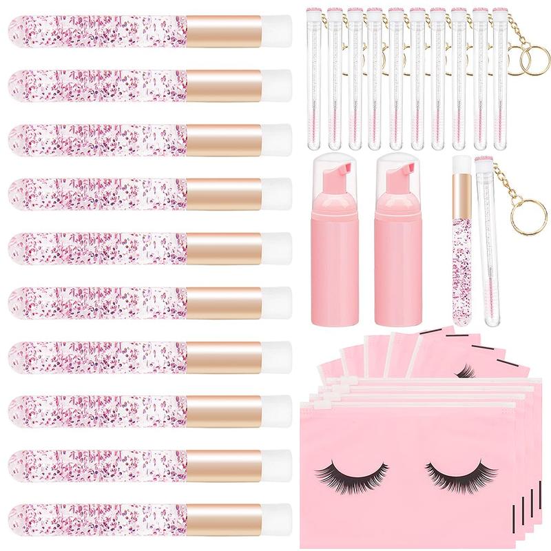 32PCS Lash Shampoo Clean Brush Kits 10pcs Crystal Lash Cleansing Brush 10pcs Disposable Tube Mascara Wands Brush 3pcs Empty Lash Shampoo Bottles Lash Extensions Aftercare (Pink kits) (Pink)