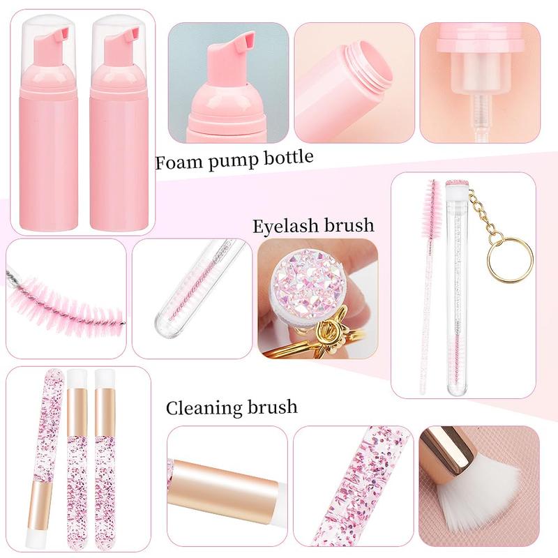 32PCS Lash Shampoo Clean Brush Kits 10pcs Crystal Lash Cleansing Brush 10pcs Disposable Tube Mascara Wands Brush 3pcs Empty Lash Shampoo Bottles Lash Extensions Aftercare (Pink kits) (Pink)